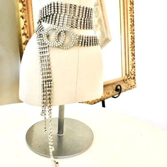 New Fashion Bling Elegant Sparkle Tassels Rhinestone Chain Double O Ring Belt - Picture 3 of 4